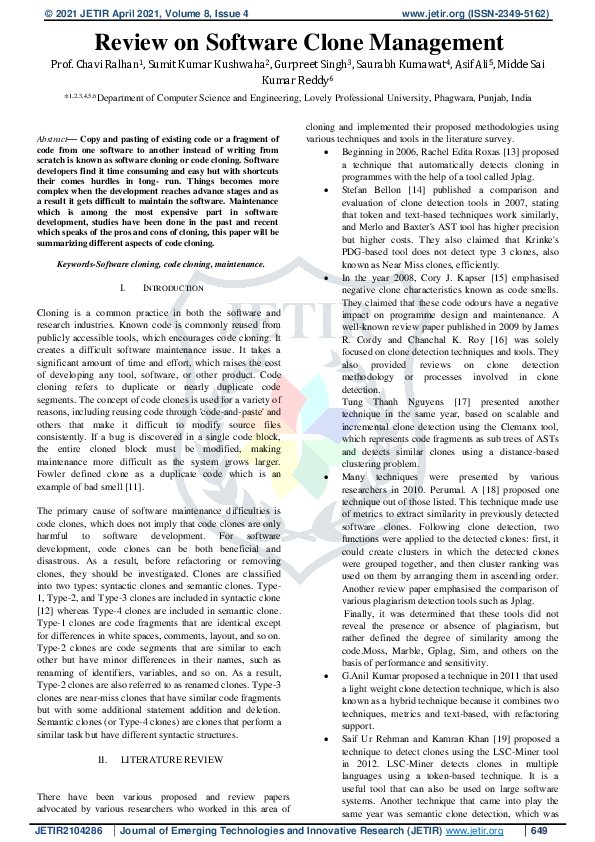 (PDF) Review on Software Clone Management
