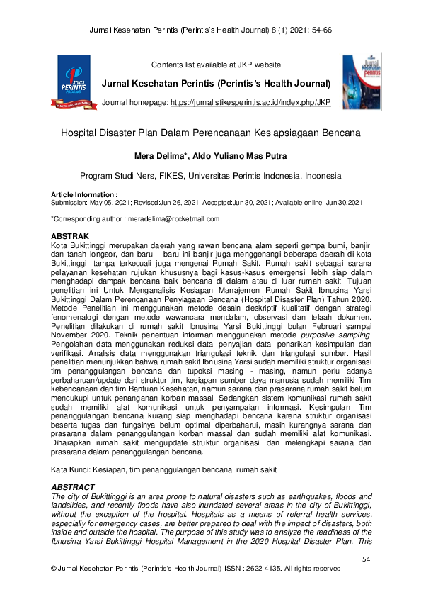 Pdf Hospital Disaster Plan Dalam Perencanaan Kesiapsiagaan Bencana
