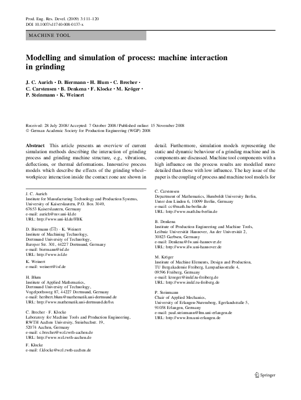 (PDF) Modelling and simulation of process: machine interaction in grinding