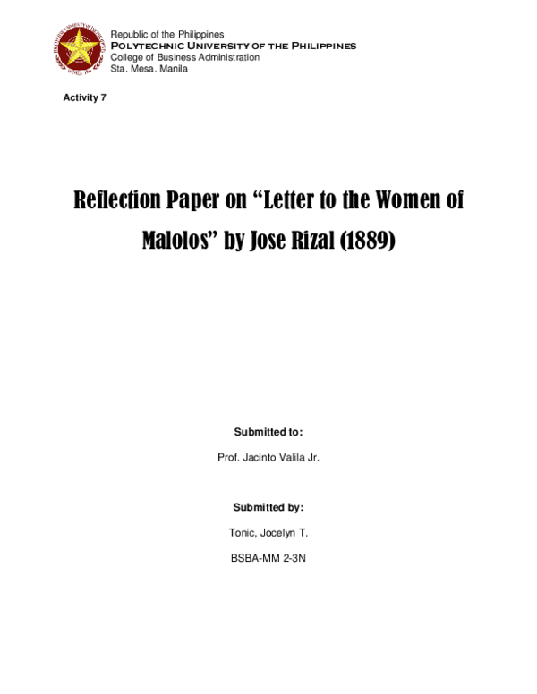 (PDF) Reflection Paper on “Letter to the Women of Malolos” by Jose ...