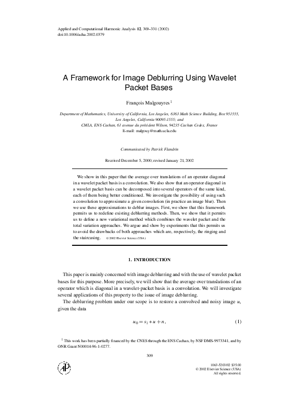 (PDF) A Framework for Image Deblurring Using Wavelet Packet Bases