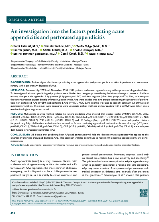 (PDF) Determination of factors predicting acute appendicitis and ...