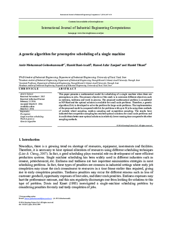 (PDF) A genetic algorithm for preemptive scheduling of a single machine