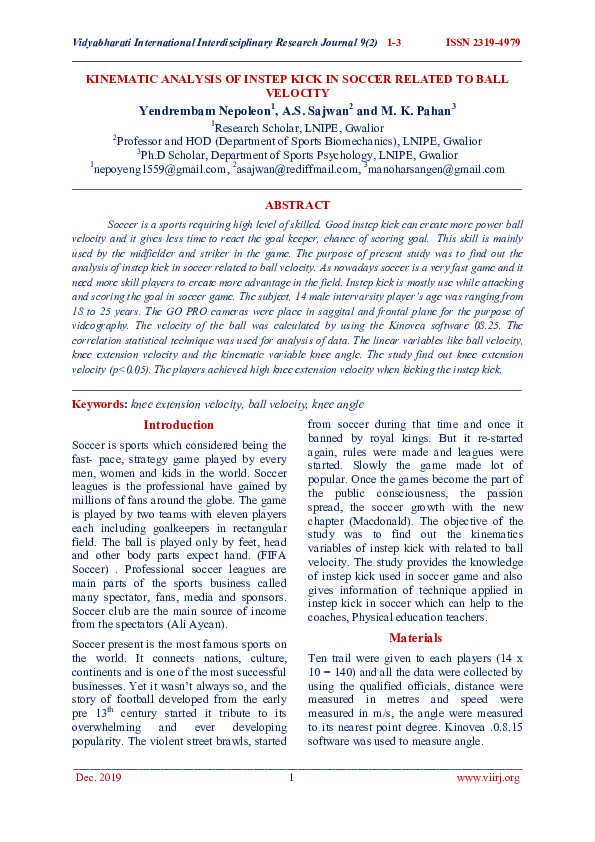 (PDF) KINEMATIC ANALYSIS OF INSTEP KICK IN SOCCER RELATED TO BALL VELOCITY