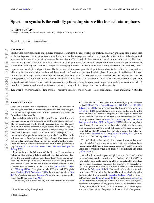 (PDF) Spectrum synthesis for radially pulsating stars with shocked ...
