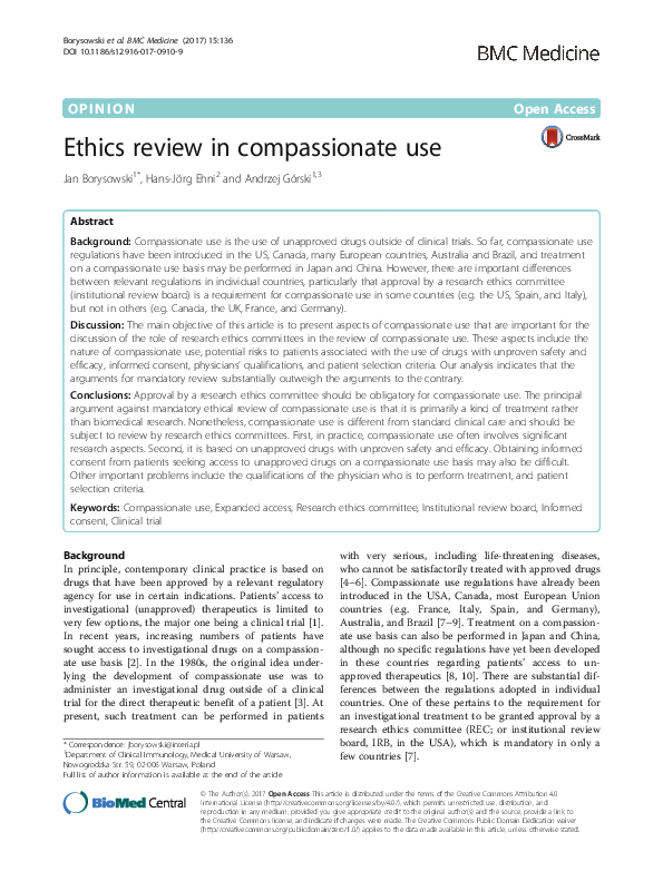 (PDF) Ethics review in compassionate use