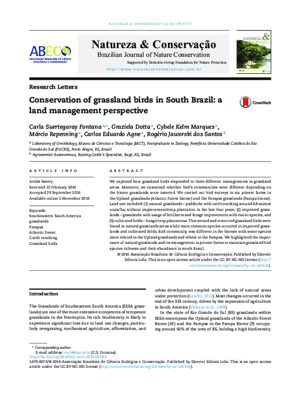 (PDF) Conservation of grassland birds in South Brazil: a land ...