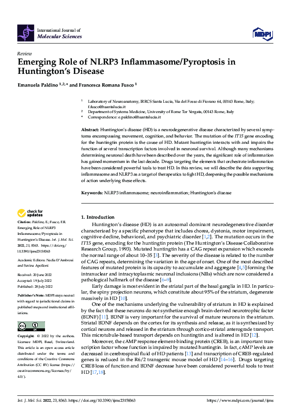 (PDF) Emerging Role of NLRP3 Inflammasome/Pyroptosis in Huntington’s ...