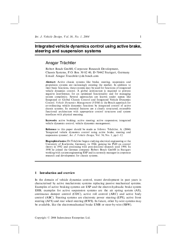 (PDF) Integrated vehicle dynamics control using active brake, steering