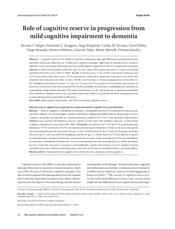 (PDF) Role of cognitive reserve in progression from mild cognitive ...