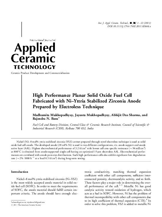 (PDF) High Performance Planar Solid Oxide Fuel Cell Fabricated with Ni ...