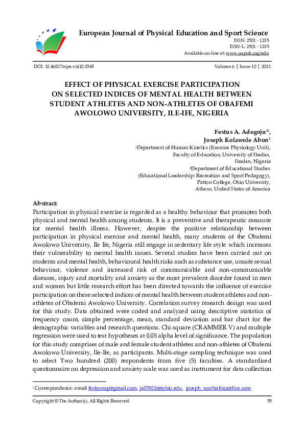 (PDF) Effect of Physical Exercise Participation on Selected Indices of ...