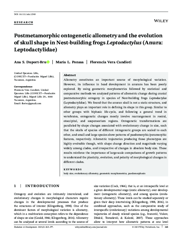 (PDF) Postmetamorphic ontogenetic allometry and the evolution of skull ...