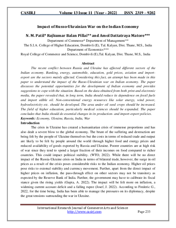 (PDF) Impact of Russo-Ukrainian War on the Indian Economy