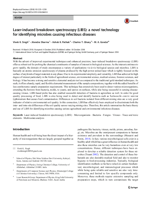 (PDF) Laserinduced breakdown spectroscopy (LIBS) a novel technology for identifying microbes