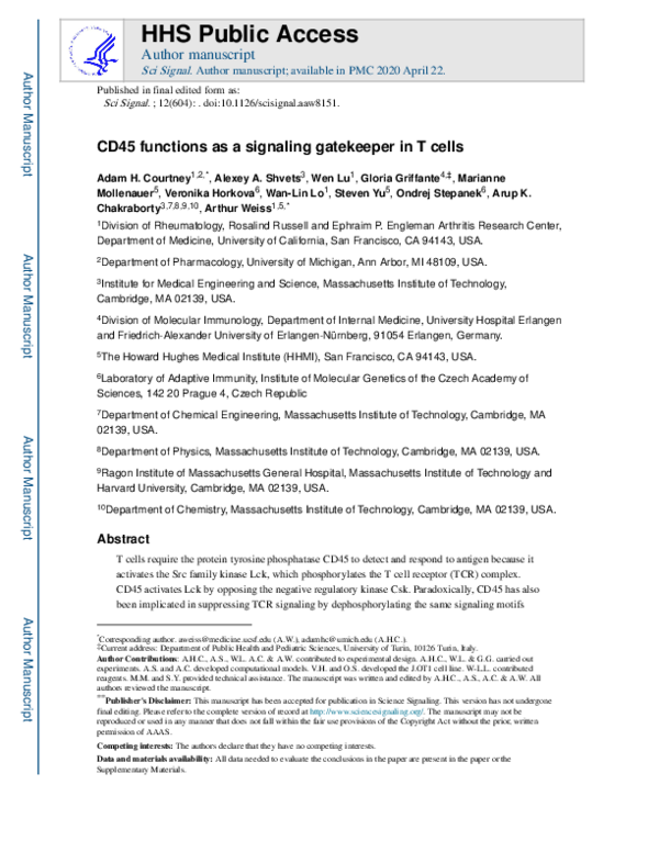 (PDF) CD45 functions as a signaling gatekeeper in T cells