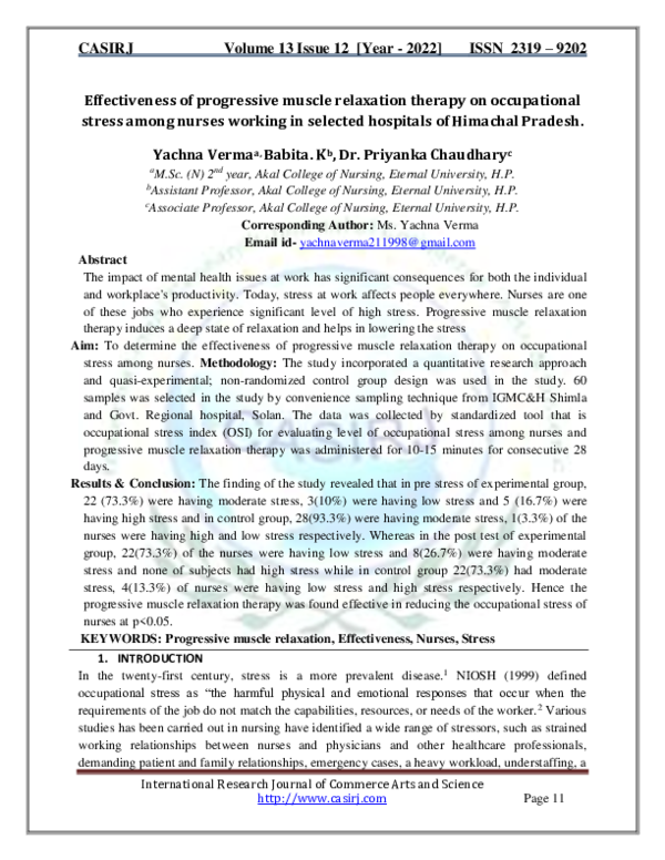 (PDF) Effectiveness of progressive muscle relaxation therapy on ...