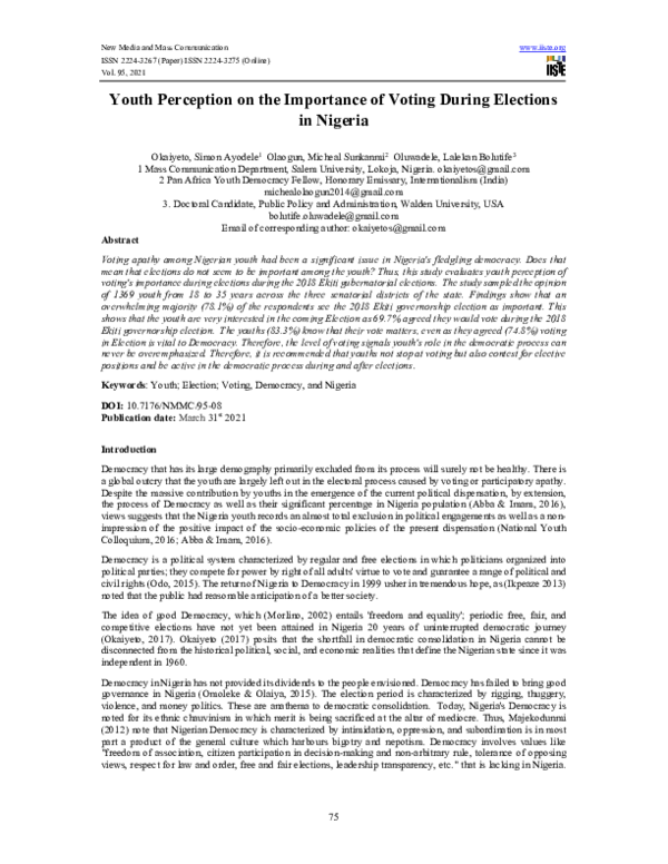 (PDF) Youth Perception on the Importance of Voting During Elections in ...