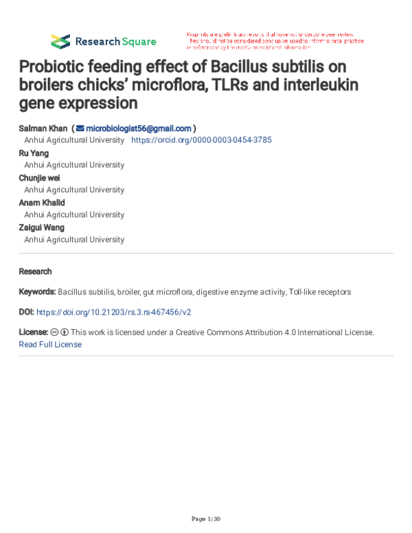 (PDF) Probiotic feeding effect of Bacillus subtilis on broilers chicks ...