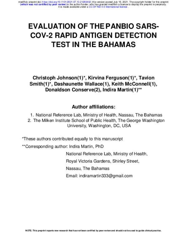 (PDF) Evaluation of the Panbio SARS-COV-2 Rapid Antigen Detection Test ...