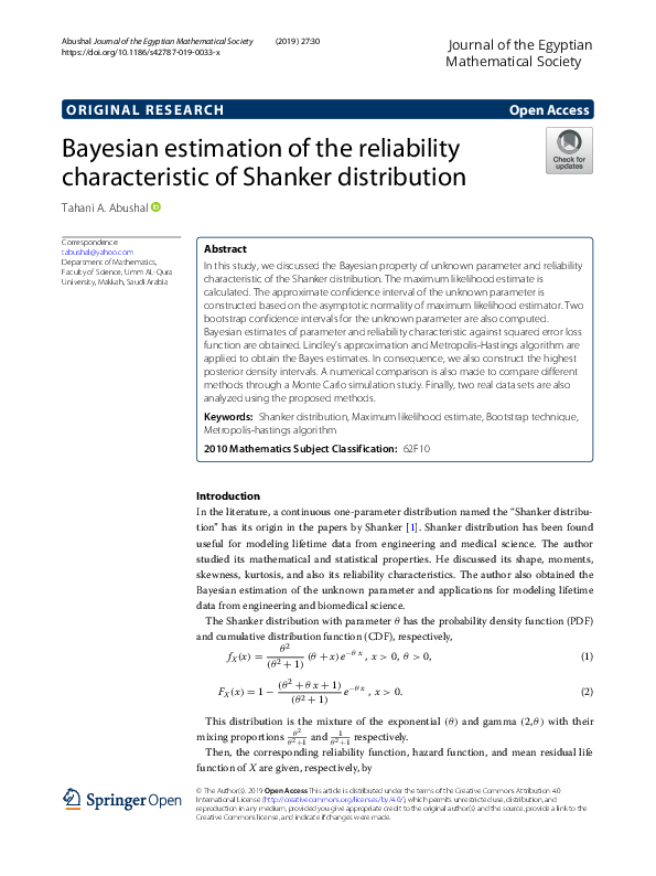 (PDF) Bayesian estimation of the reliability characteristic of Shanker ...