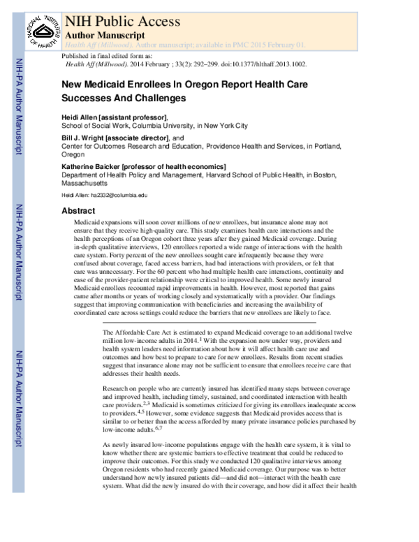 (PDF) New Medicaid Enrollees In Oregon Report Health Care Successes And ...