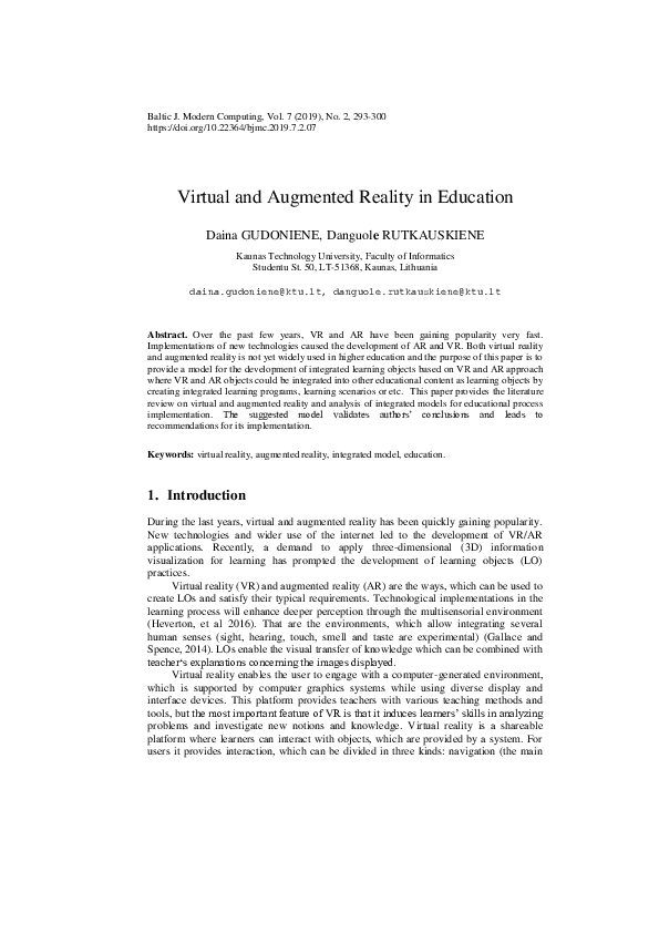(PDF) Virtual and Augmented Reality in Education Danguole