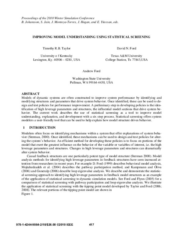 (PDF) Improving model understanding using statistical screening
