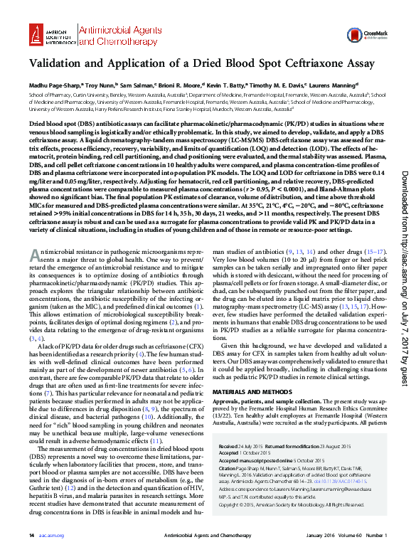 (PDF) Validation and Application of a Dried Blood Spot Ceftriaxone Assay