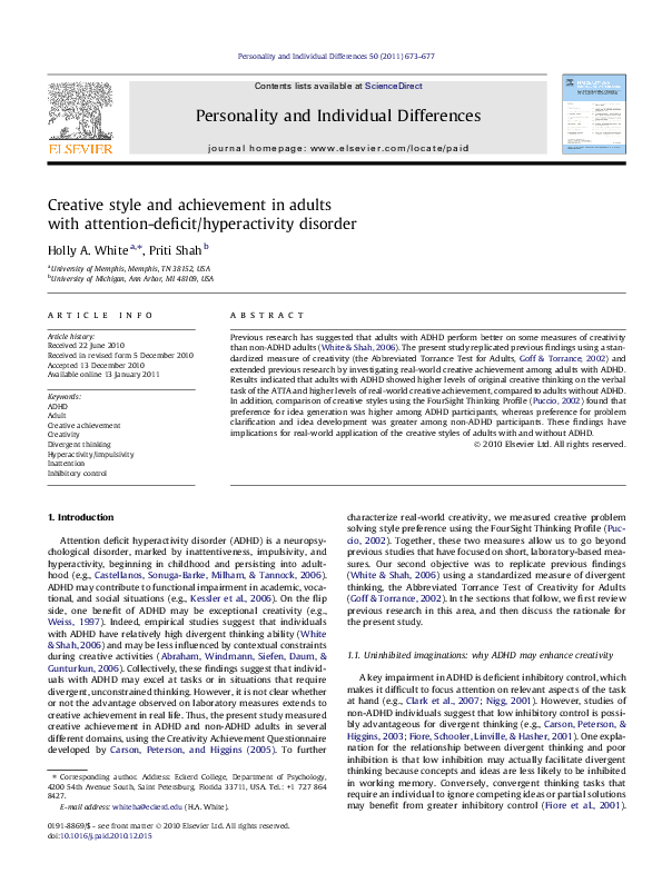 First page of “Creative style and achievement in adults with attention-deficit/hyperactivity disorder”