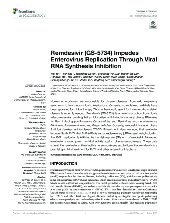 (PDF) Remdesivir (GS-5734) Impedes Enterovirus Replication Through ...
