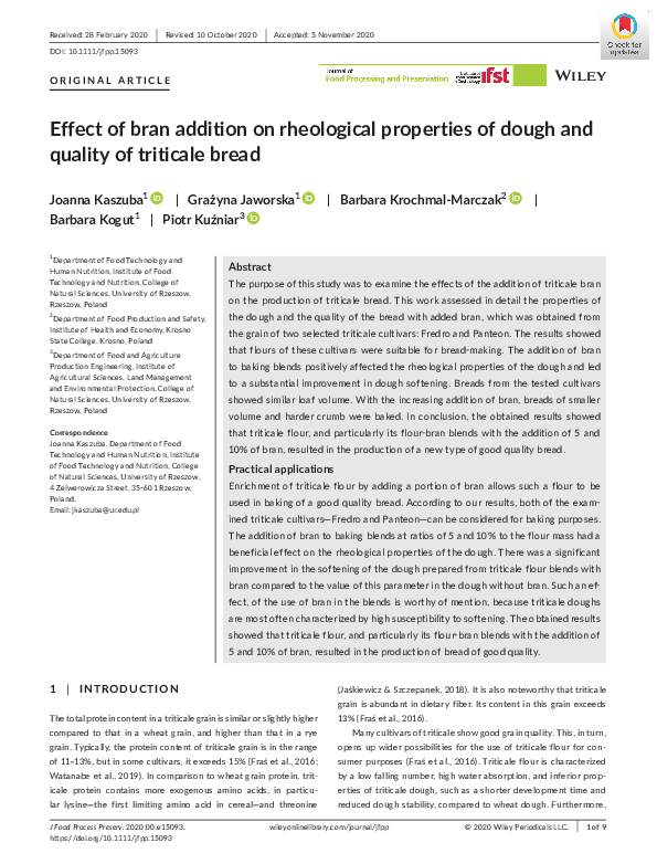 (PDF) Effect of bran addition on rheological properties of dough and ...