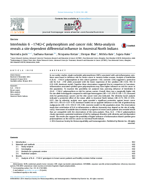 (PDF) Interleukin 6 −174G>C polymorphism and cancer risk: Meta-analysis ...