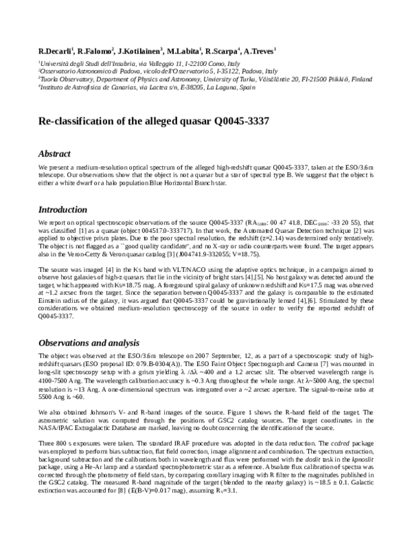 (PDF) Re-Classification of the Alleged Quasar Q0045-3337