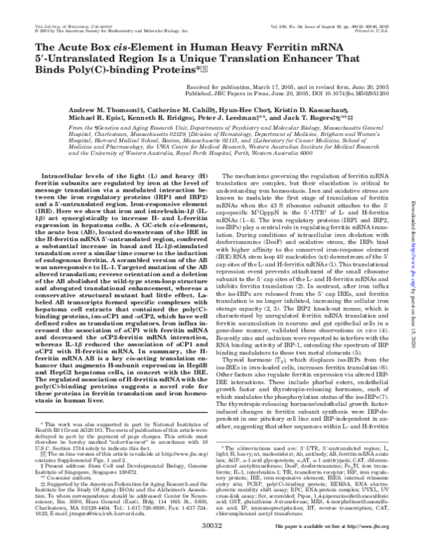 (PDF) The Acute Box cis-Element in Human Heavy Ferritin mRNA 5 ...