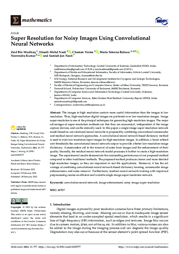 (PDF) Super Resolution for Noisy Images Using Convolutional Neural Networks