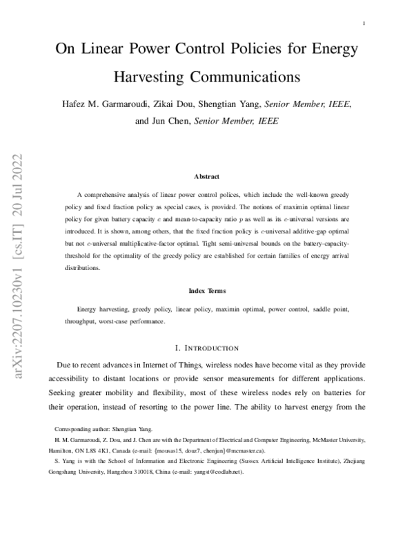 (PDF) On Linear Power Control Policies for Energy Harvesting Communications