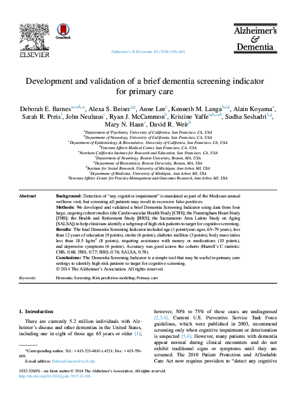 (PDF) Development and validation of a brief dementia screening ...
