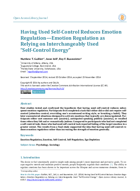 (PDF) Having Used Self-Control Reduces Emotion Regulation—Emotion ...