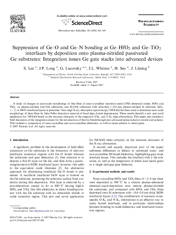 (PDF) Suppression of Ge–O and Ge–N bonding at Ge–HfO2 and Ge–TiO2 ...