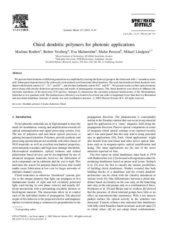 (PDF) Chiral dendritic polymers for photonic applications