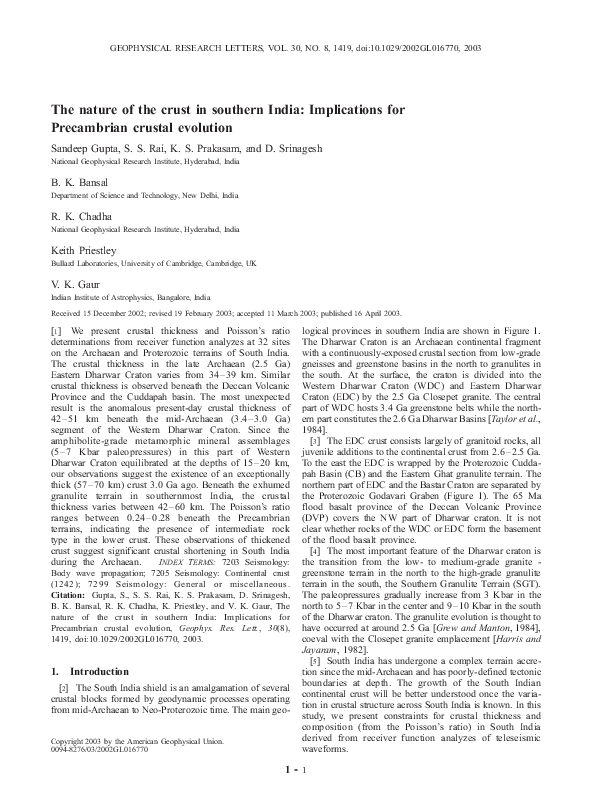 (PDF) The nature of the crust in southern India: Implications for ...