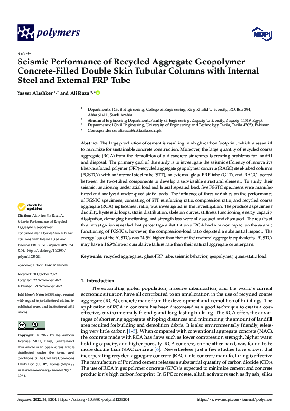 (PDF) Seismic Performance of Recycled Aggregate Geopolymer Concrete ...