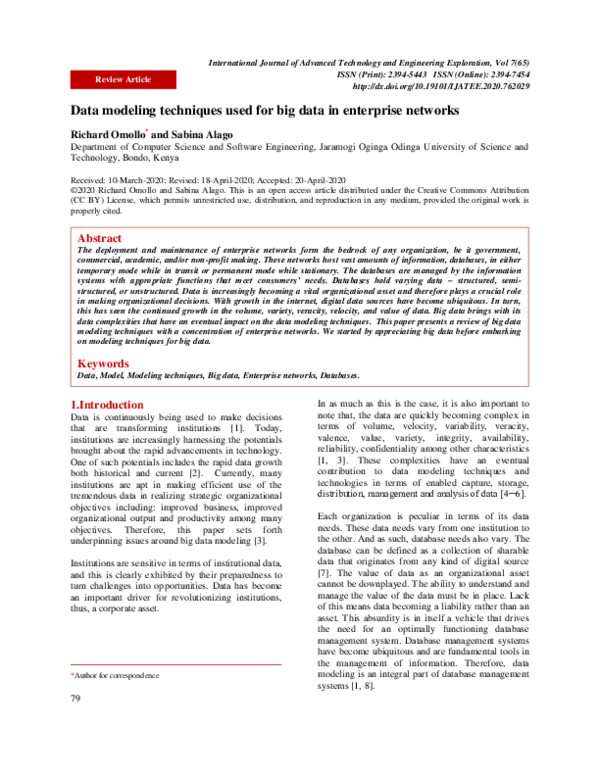 (PDF) Data modeling techniques used for big data in enterprise networks