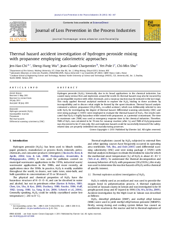 (PDF) Thermal hazard accident investigation of hydrogen peroxide mixing ...