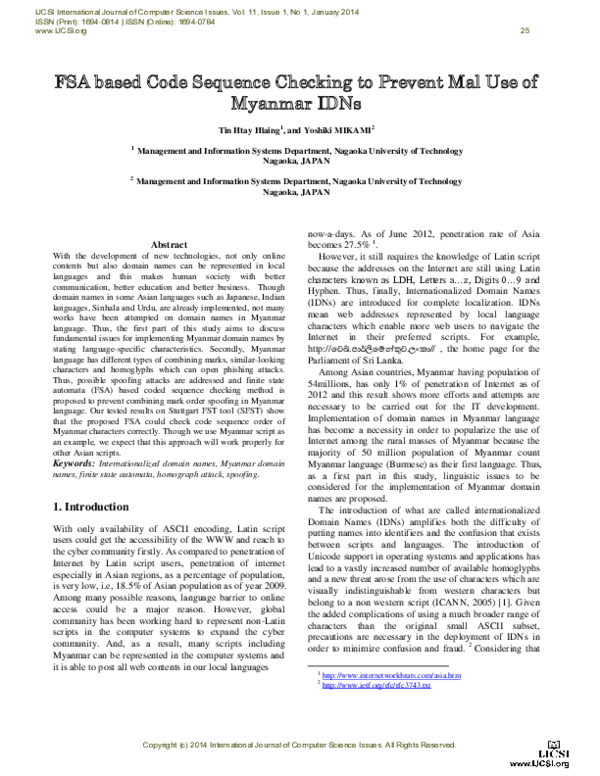 (PDF) FSA based Code Sequence Checking to Prevent Mal Use of Myanmar IDNs