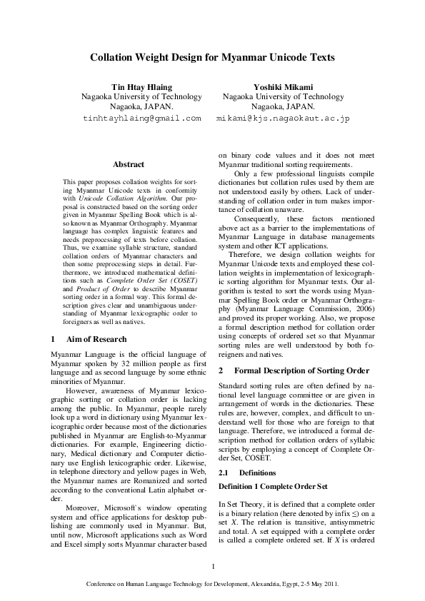 (PDF) Collation Weight Design for Myanmar Unicode Texts