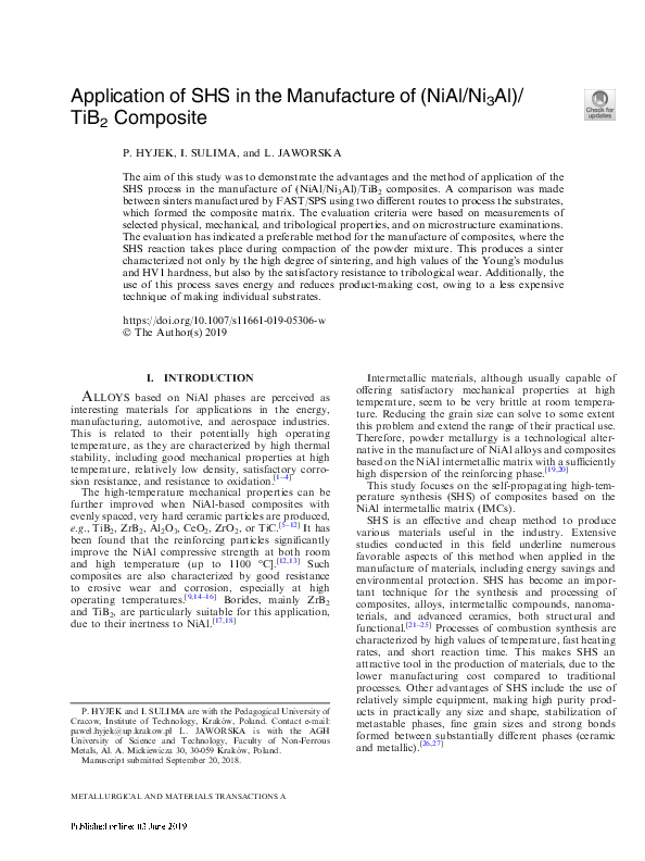 (PDF) Application of SHS in the Manufacture of (NiAl/Ni3Al)/TiB2