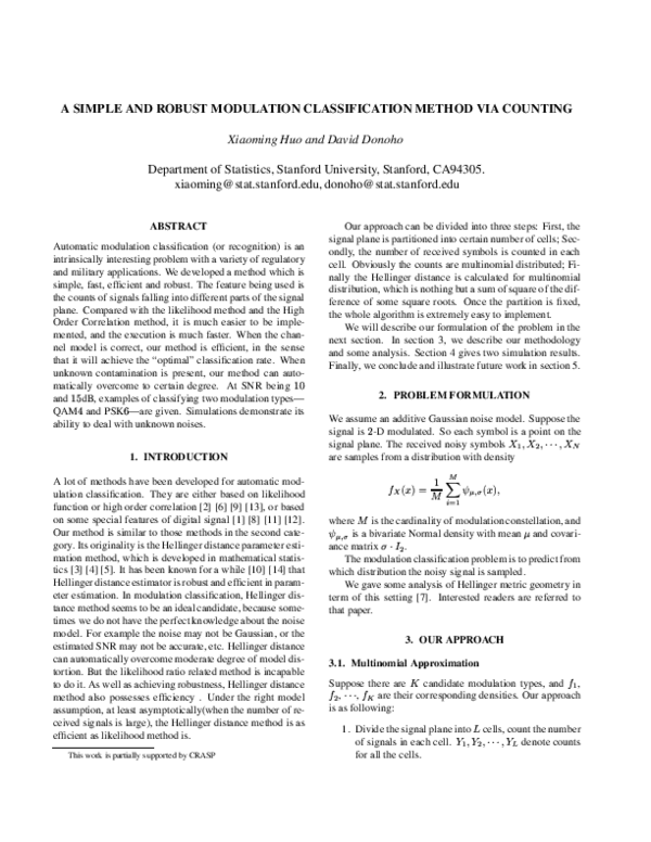 (PDF) A simple and robust modulation classification method via counting