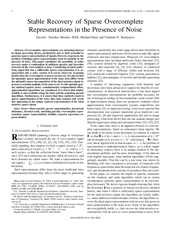 (PDF) Stable recovery of sparse overcomplete representations in the ...